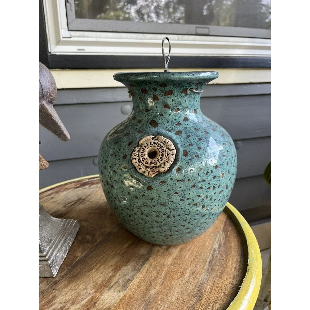 DOWN UNDER POTS Stoneware Upside Down Hanging Planter Pot 10" SPECKLED GREEN - Picture 3 of 3